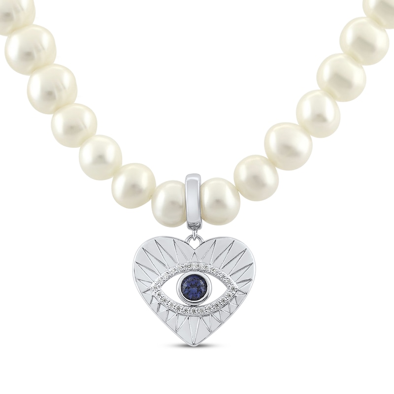 Main Image 2 of Cultured Pearl, Blue & White Lab-Created Sapphire Evil Eye Heart Necklace Sterling Silver 17&quot;