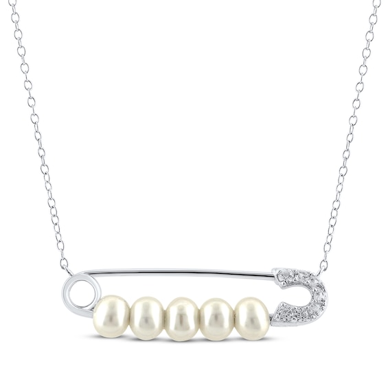 Cultured Pearl & White Lab-Created Sapphire Safety Pin Necklace Sterling Silver 18"