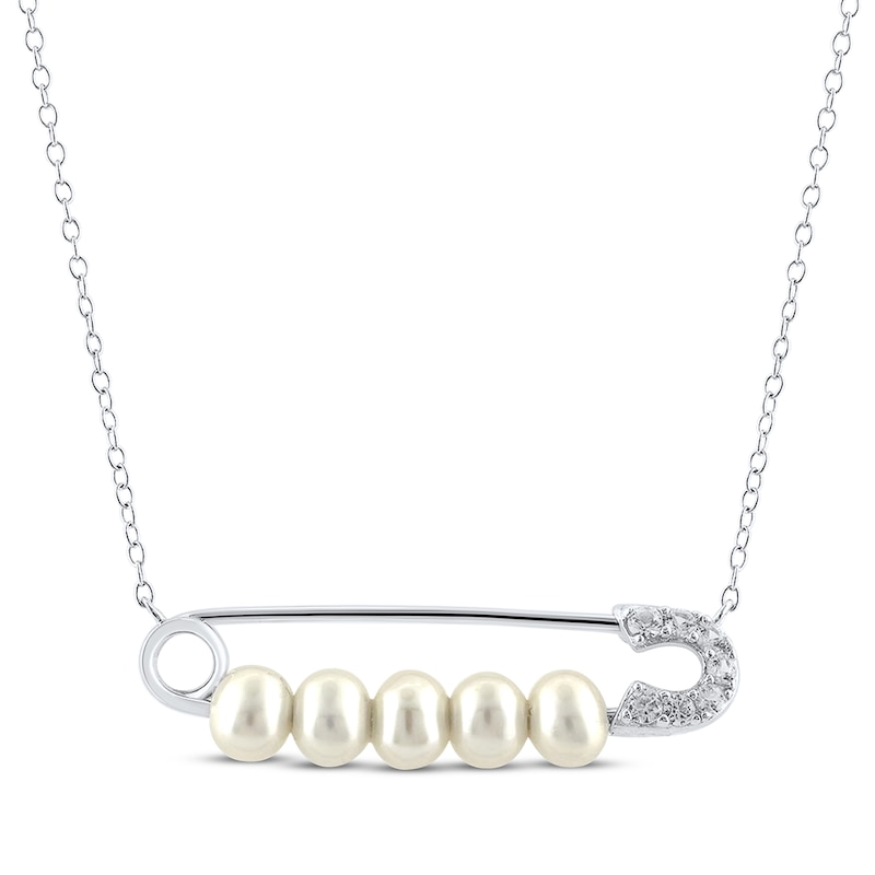 Main Image 1 of Cultured Pearl & White Lab-Created Sapphire Safety Pin Necklace Sterling Silver 18&quot;