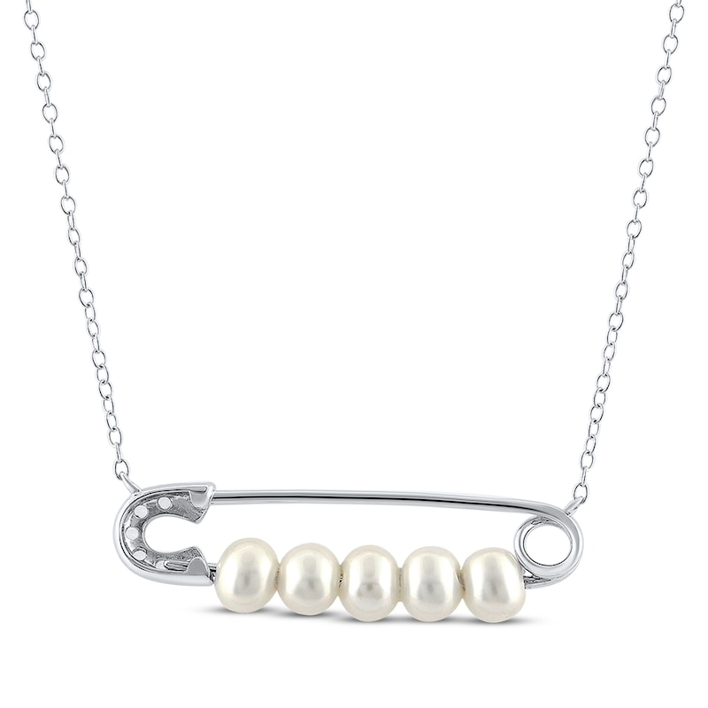 Main Image 2 of Cultured Pearl & White Lab-Created Sapphire Safety Pin Necklace Sterling Silver 18&quot;