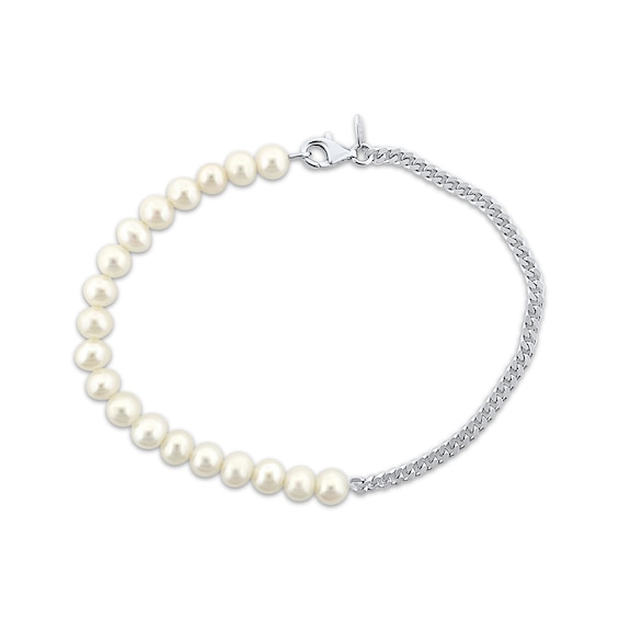 Cultured Pearl & Curb Chain Bracelet Sterling Silver 7.5"