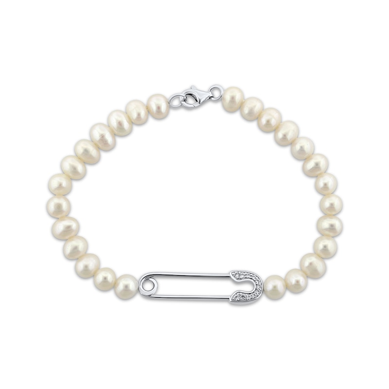 Main Image 1 of Cultured Pearl & White Lab-Created Sapphire Safety Pin Bracelet Sterling Silver 7.5&quot;