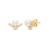 Thumbnail Image 1 of Cultured Pearl & White Lab-Created Sapphire V Stud Earrings 10K Yellow Gold