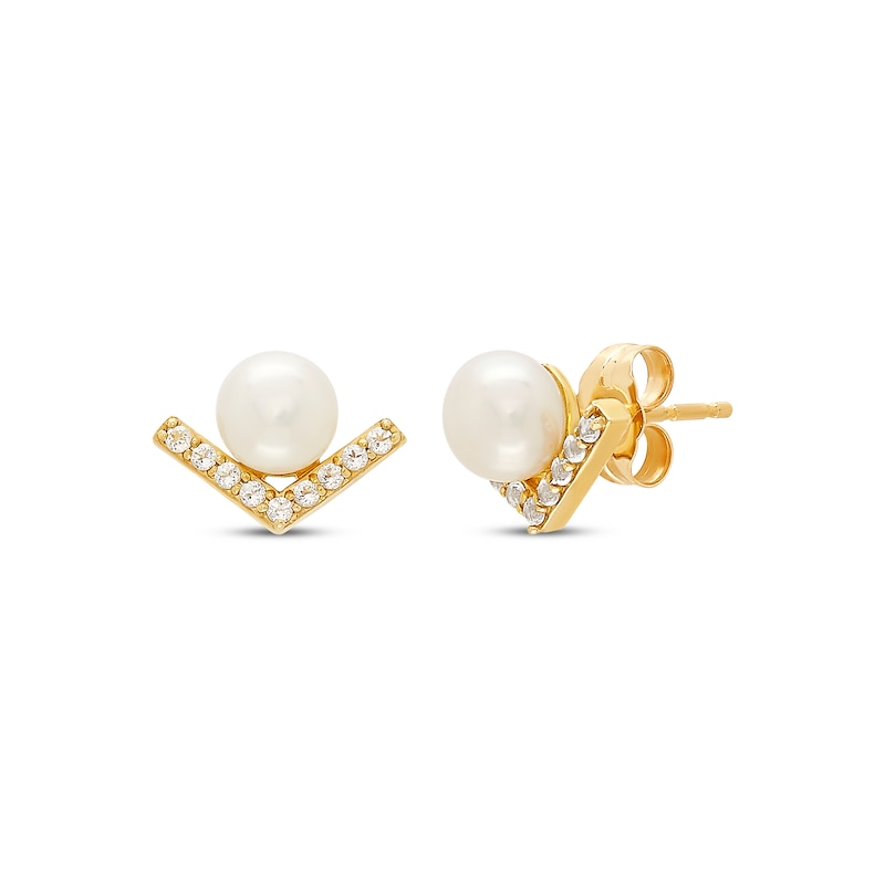 Main Image 1 of Cultured Pearl & White Lab-Created Sapphire V Stud Earrings 10K Yellow Gold