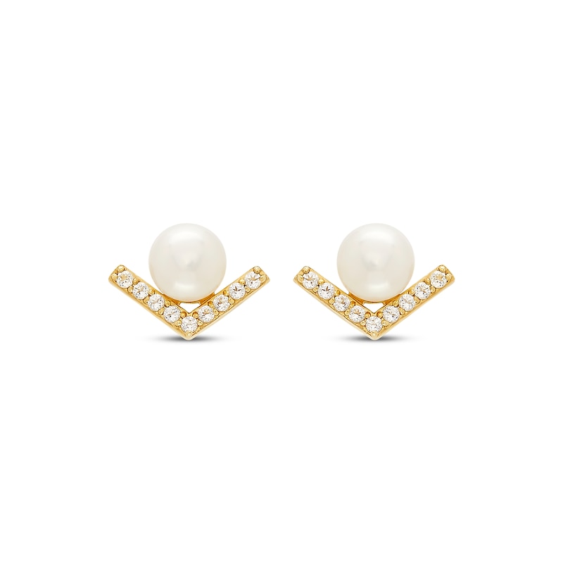 Main Image 2 of Cultured Pearl & White Lab-Created Sapphire V Stud Earrings 10K Yellow Gold