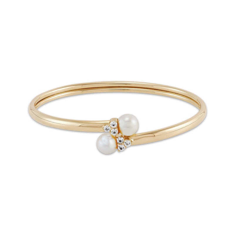 Main Image 1 of Cultured Pearl & White Lab-Created Sapphire Bypass Flex Bangle Bracelet 10K Yellow Gold
