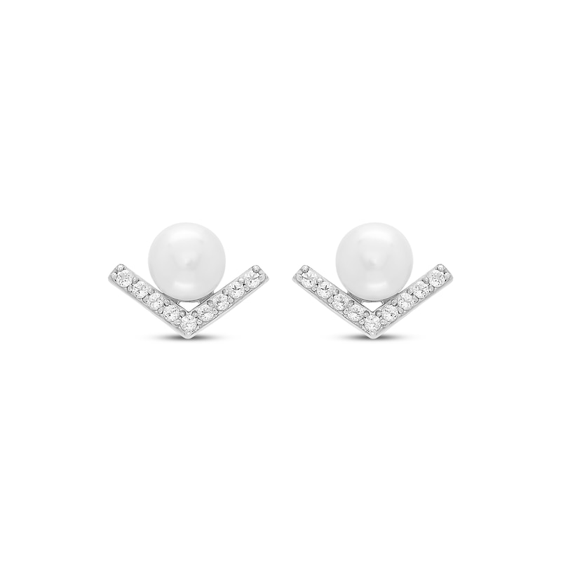 Main Image 2 of Cultured Pearl & White Lab-Created Sapphire V Stud Earrings Sterling Silver