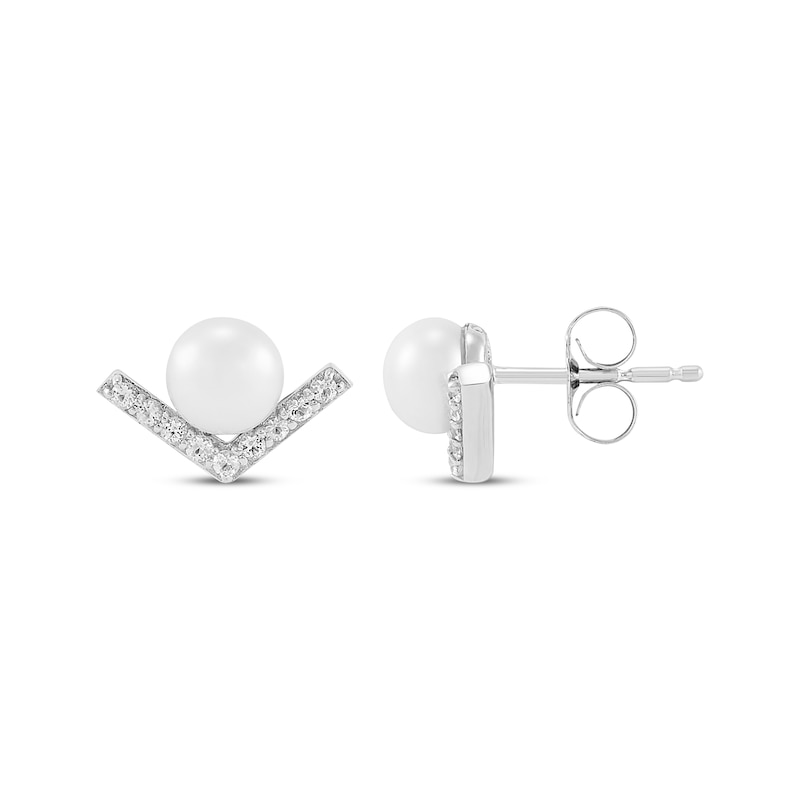 Main Image 3 of Cultured Pearl & White Lab-Created Sapphire V Stud Earrings Sterling Silver