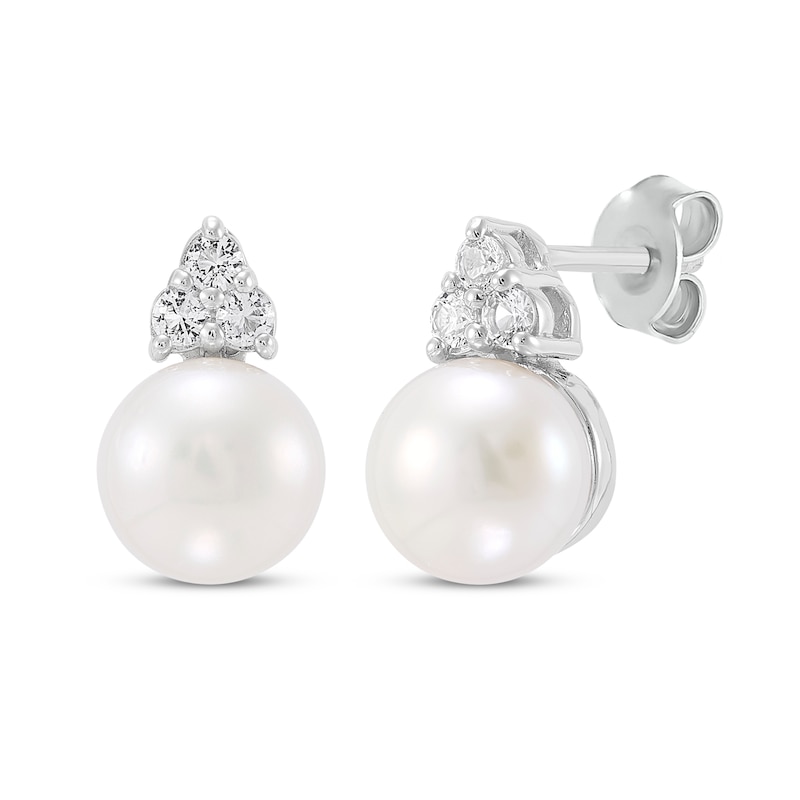 Main Image 1 of Cultured Pearl & White Lab-Created Sapphire Trio Stud Earrings Sterling Silver