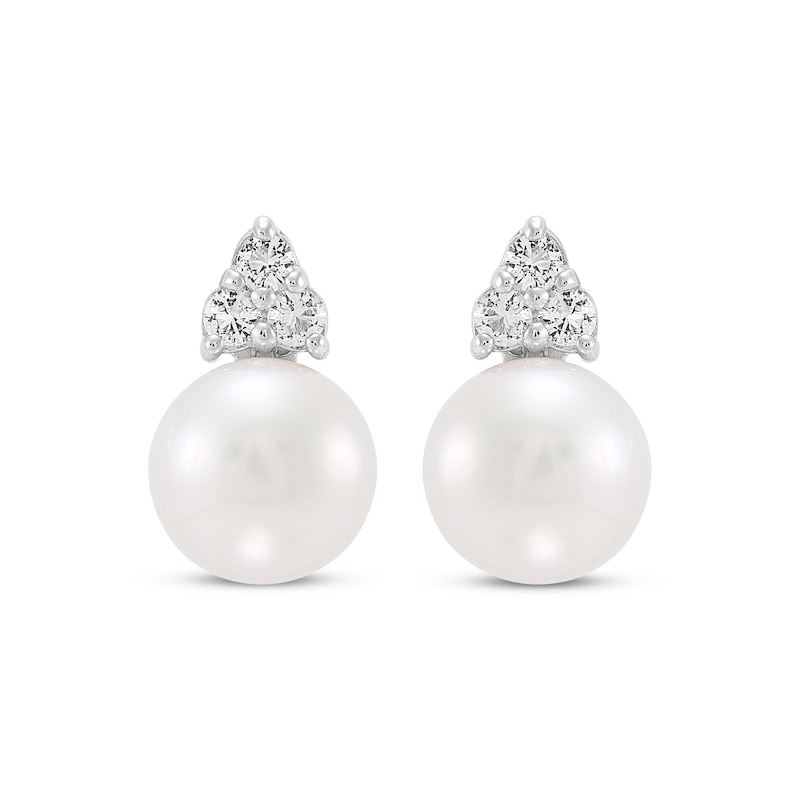 Main Image 2 of Cultured Pearl & White Lab-Created Sapphire Trio Stud Earrings Sterling Silver