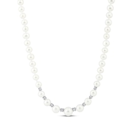 Cultured Pearl & White Lab-Created Sapphire Graduated Strand Necklace Sterling Silver 17"