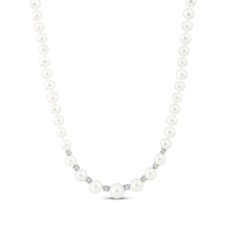 Cultured Pearl & White Lab-Created Sapphire Graduated Strand Necklace Sterling Silver 17"