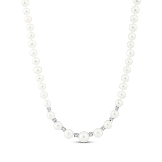 Cultured Pearl & White Lab-Created Sapphire Graduated Strand Necklace Sterling Silver 17"