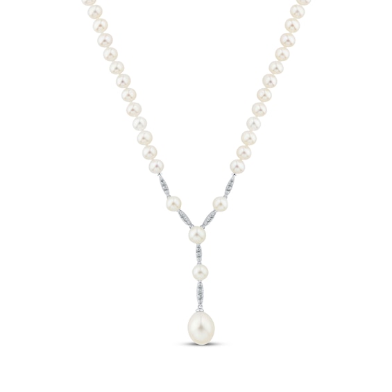 Cultured Pearl & White Lab-Created Sapphire Y Necklace Sterling Silver 17"