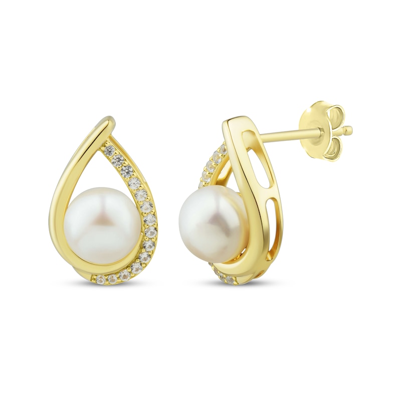 Main Image 1 of Cultured Pearl & White Lab-Created Sapphire Teardrop Frame Earrings 10K Yellow Gold
