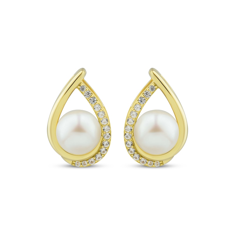 Main Image 2 of Cultured Pearl & White Lab-Created Sapphire Teardrop Frame Earrings 10K Yellow Gold