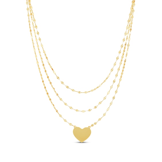 Solid Diamond-Cut Mirror Chain Trio Heart Necklace 10K Yellow Gold 18"