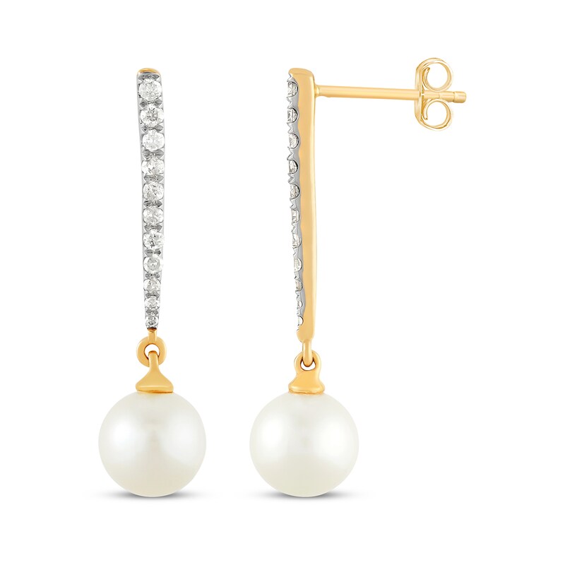 Main Image 3 of Diamond & Cultured Pearl Drop Earrings 1/5 ct tw 10K Yellow Gold