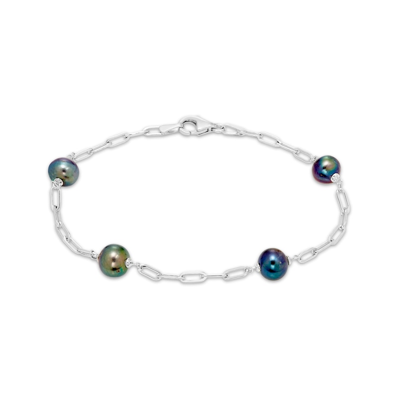 Main Image 1 of Black Cultured Pearl Station Paperclip Bracelet Sterling Silver 7&quot;