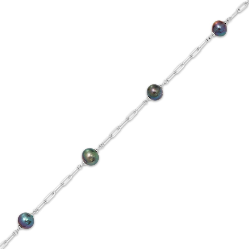 Main Image 2 of Black Cultured Pearl Station Paperclip Bracelet Sterling Silver 7&quot;
