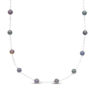 Black Cultured Pearl Station Paperclip Necklace Sterling Silver 20"
