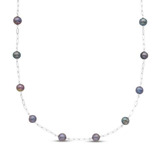 Black Cultured Pearl Station Paperclip Necklace Sterling Silver 20"