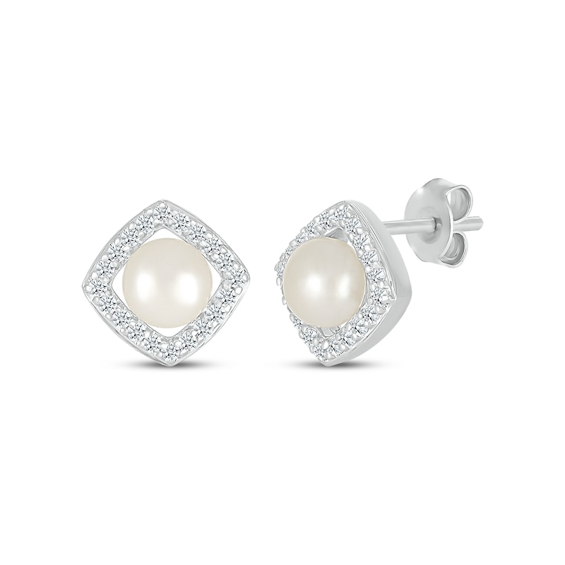 Main Image 1 of Cultured Pearl & Diamond Frame Stud Earrings 1/5 ct tw Sterling Silver