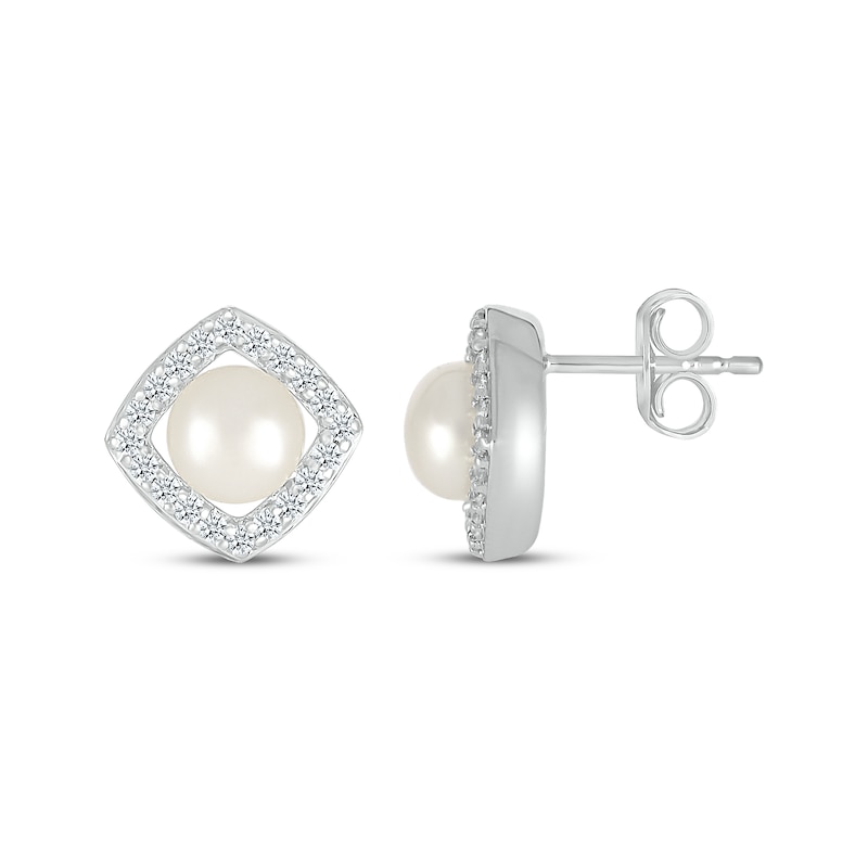 Main Image 3 of Cultured Pearl & Diamond Frame Stud Earrings 1/5 ct tw Sterling Silver