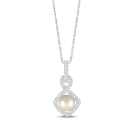 Cultured Pearl & Diamond Frame Doorknocker Necklace 1/6 ct tw Sterling Silver 18"