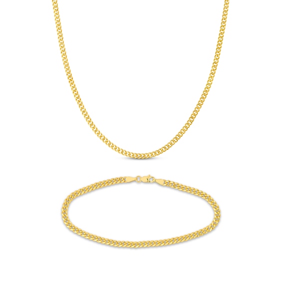 Semi-Solid Miami Cuban Curb Chain Necklace & Bracelet Set 10K Yellow Gold