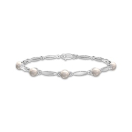 Cultured Pearl & White Lab-Created Sapphire Link Bracelet Sterling Silver 7.25"