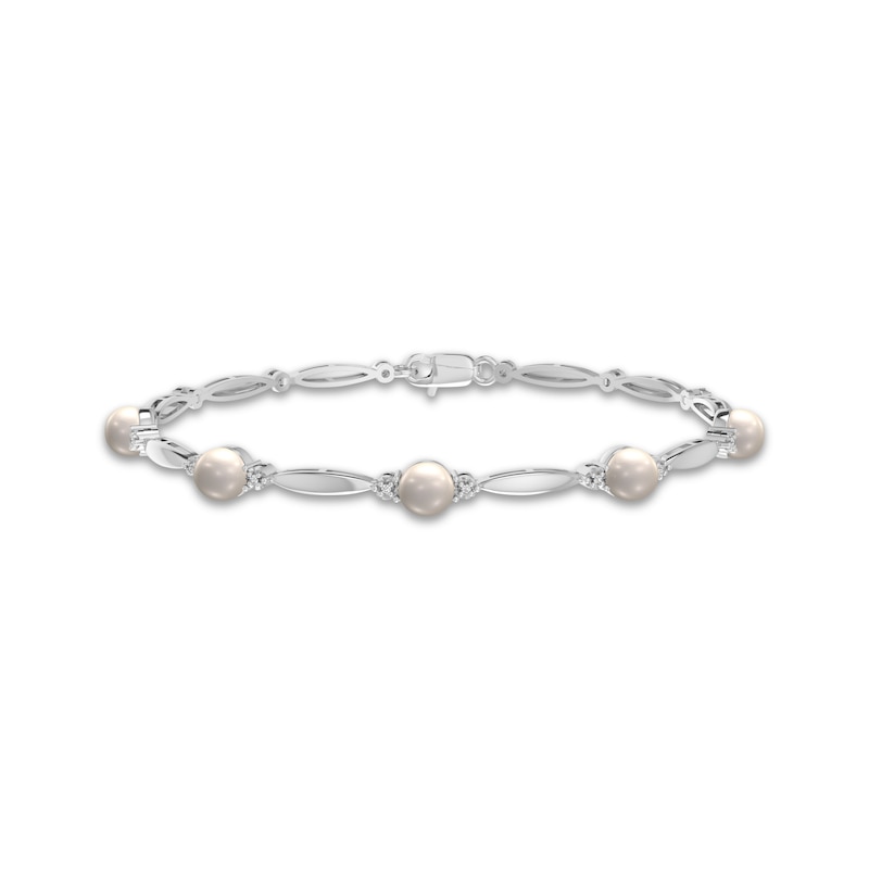 Main Image 1 of Cultured Pearl & White Lab-Created Sapphire Link Bracelet Sterling Silver 7.25&quot;