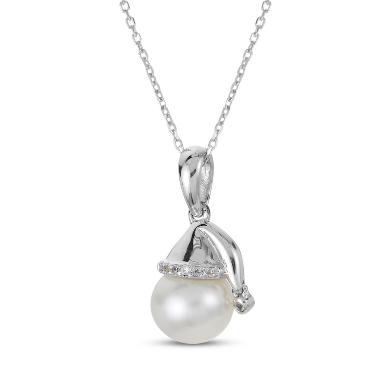 Main Image 2 of Cultured Pearl & White Lab-Created Sapphire Santa Cap Necklace Sterling Silver 18&quot;