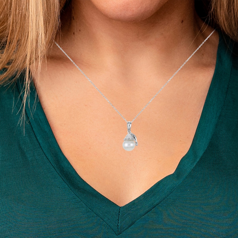 Main Image 4 of Cultured Pearl & White Lab-Created Sapphire Santa Cap Necklace Sterling Silver 18&quot;