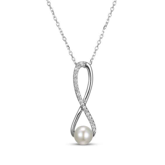 Cultured Pearl & White Lab-Created Sapphire Swirl Necklace Sterling Silver 18"