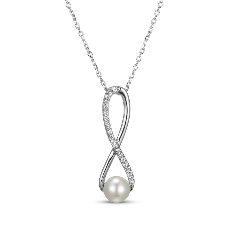 Main Image 1 of Cultured Pearl & White Lab-Created Sapphire Swirl Necklace Sterling Silver 18"