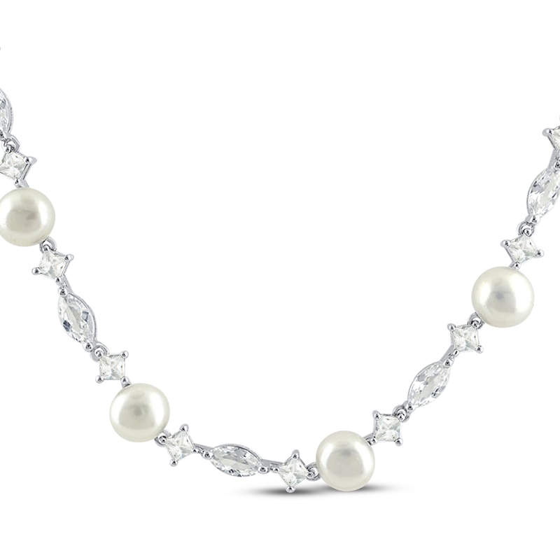 Main Image 1 of Marquise & Square Cut White Lab-Created Sapphire & Cultured Pearl Station Necklace 17&quot;