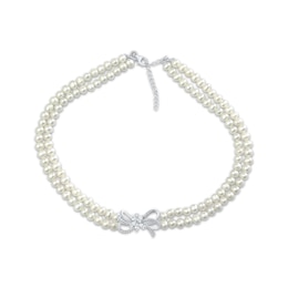 Cultured Pearl Double Strand & White Lab-Created Sapphire Bow Necklace Sterling Silver 19"