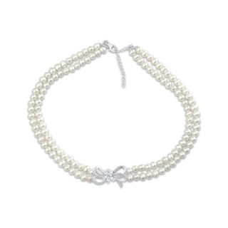 Cultured Pearl Double Strand & White Lab-Created Sapphire Bow Necklace Sterling Silver 19"