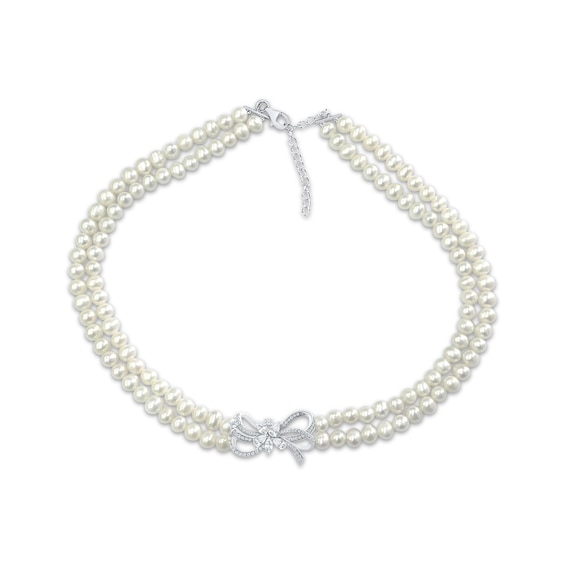 Cultured Pearl Double Strand & White Lab-Created Sapphire Bow Necklace Sterling Silver 19"
