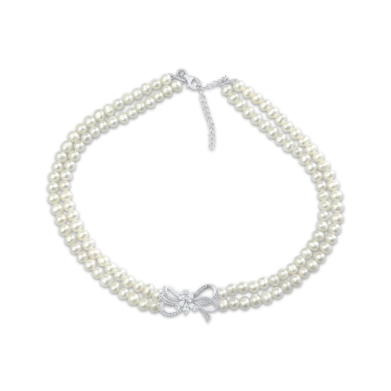 Main Image 1 of Cultured Pearl Double Strand & White Lab-Created Sapphire Bow Necklace Sterling Silver 19&quot;