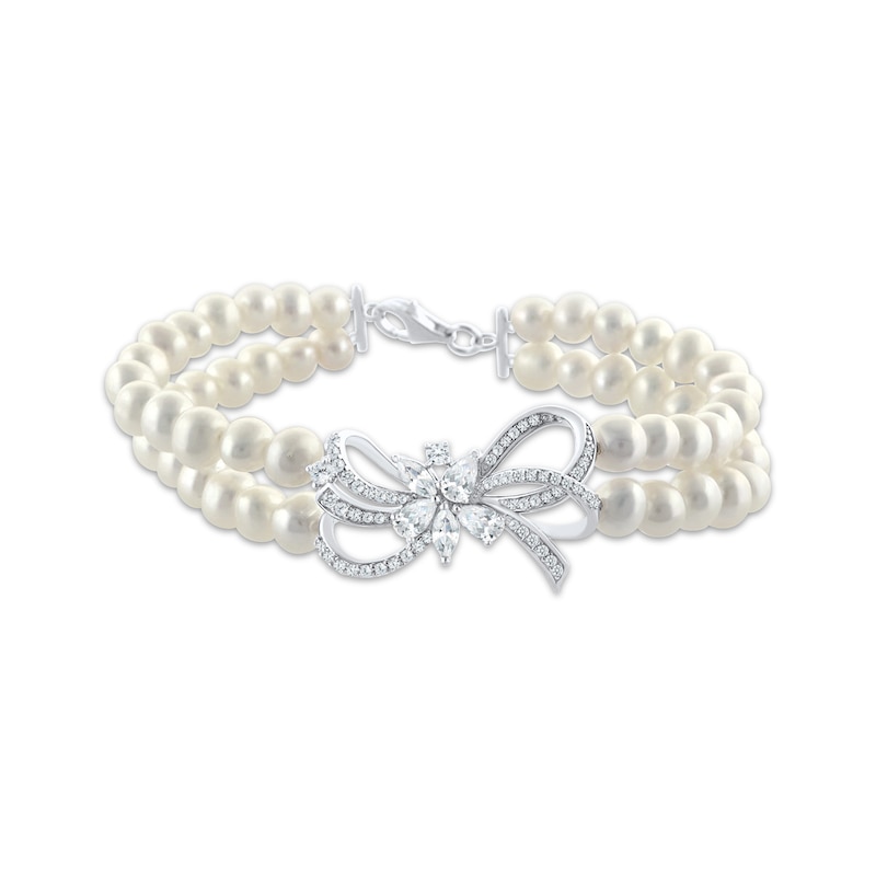 Main Image 1 of Cultured Pearl Double Strand & White Lab-Created Sapphire Bow Bracelet Sterling Silver 7.5&quot;