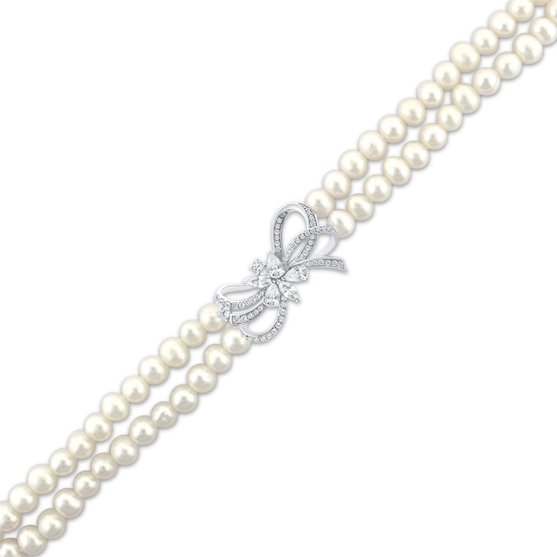 Main Image 2 of Cultured Pearl Double Strand & White Lab-Created Sapphire Bow Bracelet Sterling Silver 7.5&quot;