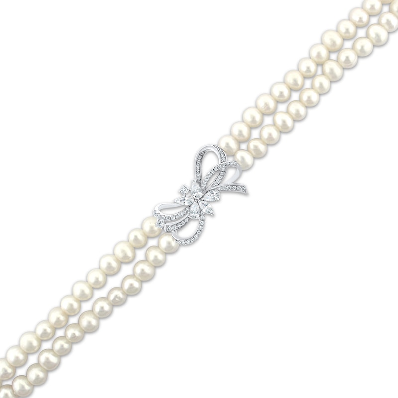 Cultured Pearl Double Strand & White Lab-Created Sapphire Bow Bracelet Sterling Silver 7.5"