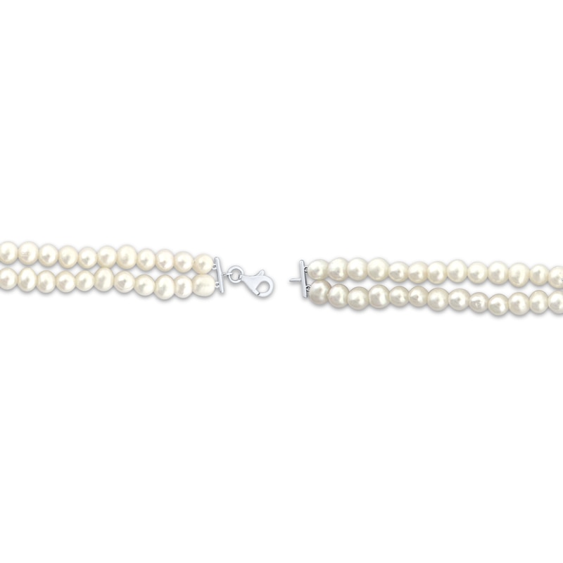 Cultured Pearl Double Strand & White Lab-Created Sapphire Bow Bracelet Sterling Silver 7.5"