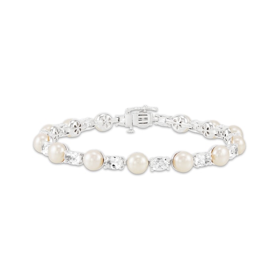 Cultured Pearl & Oval-Cut White Lab-Created Sapphire Link Bracelet Sterling Silver 7.5"