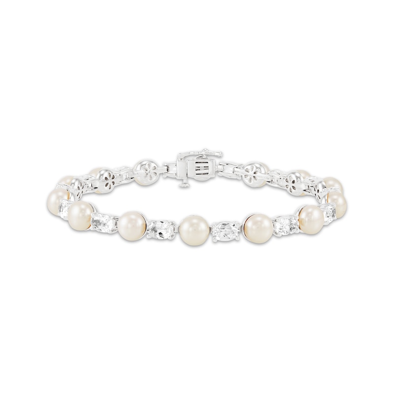 Cultured Pearl & Oval-Cut White Lab-Created Sapphire Link Bracelet ...