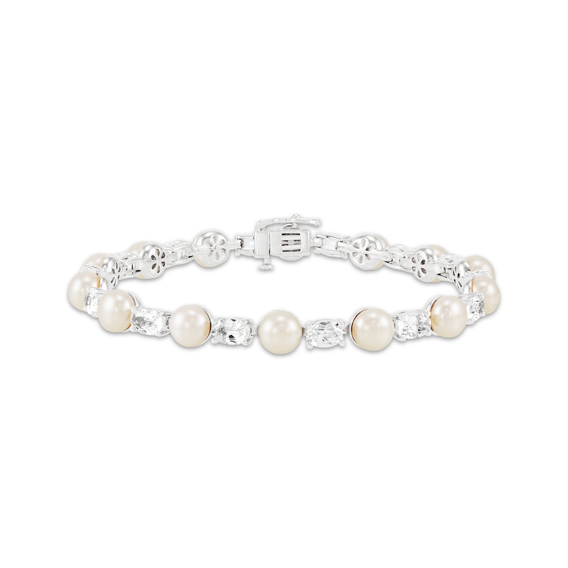 Main Image 1 of Cultured Pearl & Oval-Cut White Lab-Created Sapphire Link Bracelet Sterling Silver 7.5&quot;