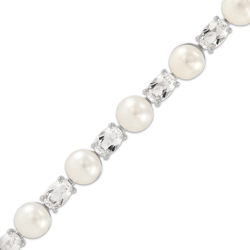 Main Image 2 of Cultured Pearl & Oval-Cut White Lab-Created Sapphire Link Bracelet Sterling Silver 7.5&quot;