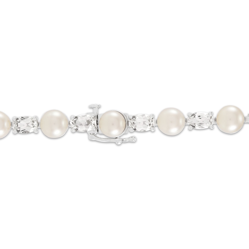 Main Image 3 of Cultured Pearl & Oval-Cut White Lab-Created Sapphire Link Bracelet Sterling Silver 7.5&quot;